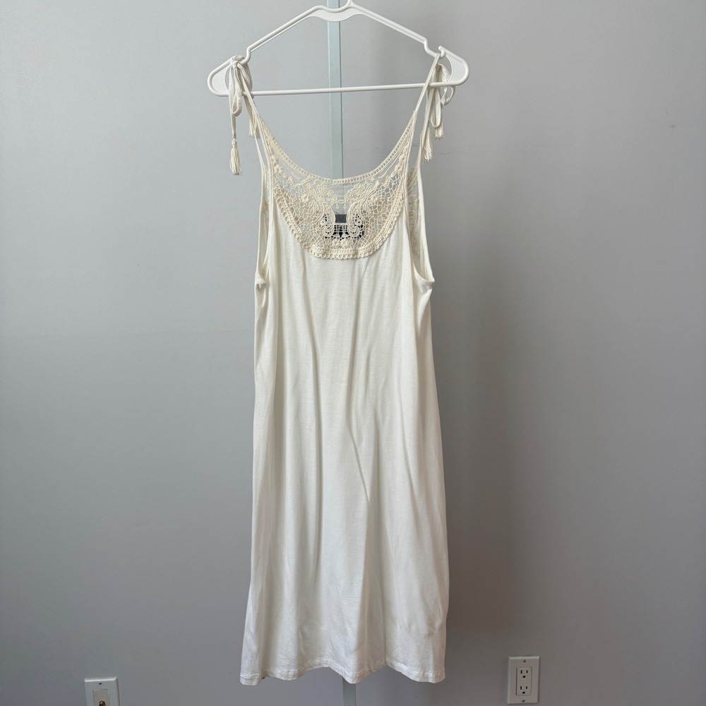 Unveil Cotton Boho Fairy Crochet Lace Tassel Tie Strap Mini Dress Small Ivory